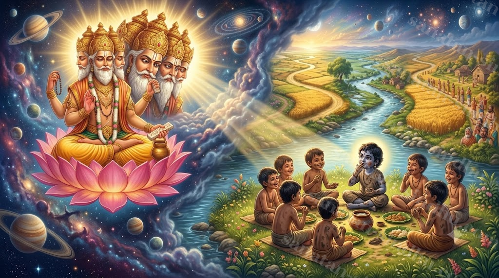 Four-headed Brahmā watches from the heavens as young Kṛṣṇa shares curd rice with the cowherd boys.