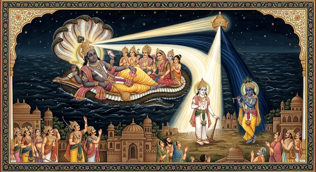 Symbolic devotional painting: Viṣṇu on Ananta Śeṣa in the cosmic ocean releasing two streams of light from his crown — one luminous white ray descending to become fair Balarāma, one dark blue ray descending to become Kṛṣṇa — into the Yadu dynasty on earth below.