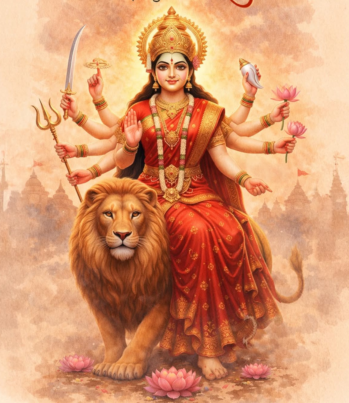 A reverent portrait or iconographic image of Goddess Durga (दुर्गा) in the traditional South Indian or Pahari miniature register.