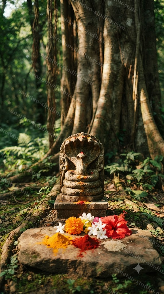 A small carved stone naga idol at the base of a tree, fresh turmeric and vermilion powder and a few flowers offered before it, in dappled forest light.