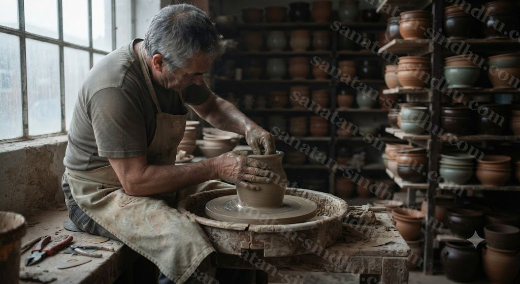 A potter's hands at the wheel at first light, the finished pots stacked out of frame behind him — work attended to for its own sake.