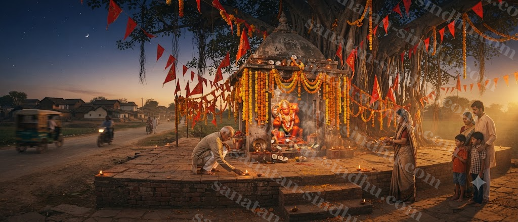 A roadside Hanuman shrine at dusk, strings of marigold garlands and small red flags fluttering, a few devotees lighting lamps in warm evening light.