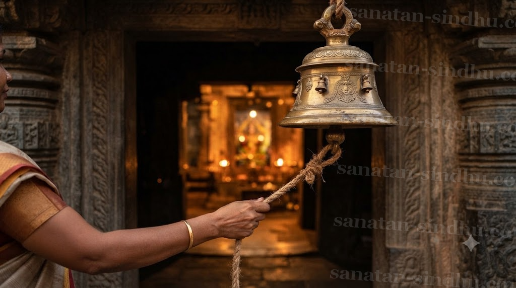 A hand pulling the cord of a large brass temple bell hung at a doorway, warm interior light spilling past a dark silhouetted threshold.