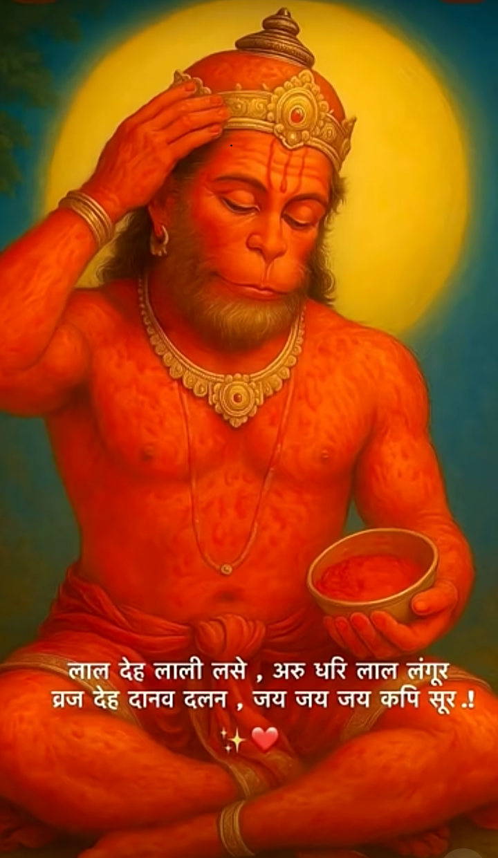 Hanumān seated with a bowl of vermillion, applying sindūr to his brow