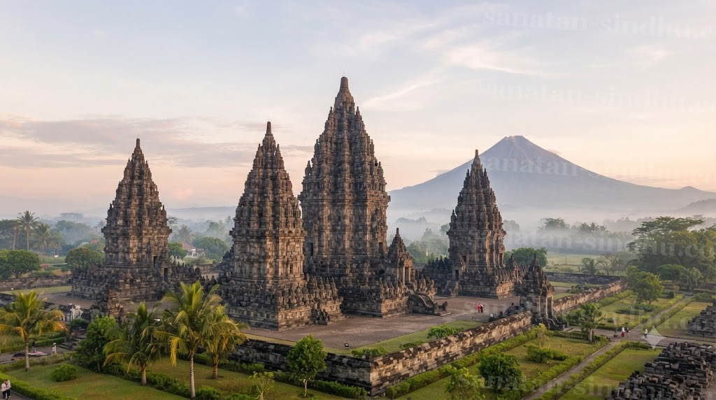 Wide dawn photograph of Candi Prambanan on the Javanese plain: three tall needle-like stone spires with tiered ornament rising against a pale sky, the 47-metre Śiva temple at the centre, volcanic mist and the cone of Mount Merapi behind.