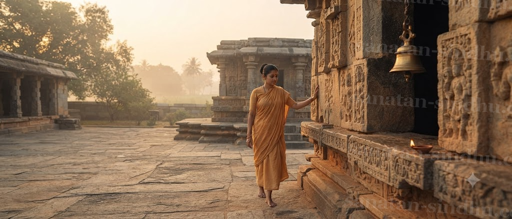 A devotee at dawn performing pradakṣiṇā around a small temple shrine, one hand trailing along the outer wall, a temple bell and lit diya visible in the soft golden morning light.