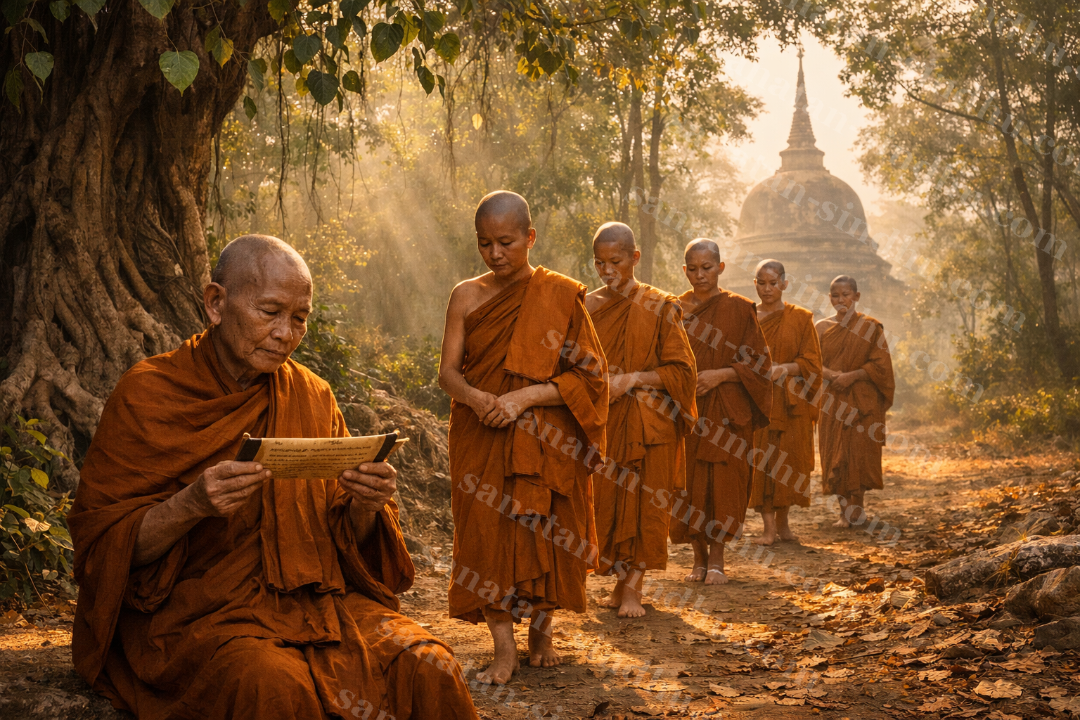 A line of Buddhist nuns (bhikkhunīs) and an elder monk walking barefoot along a misty forest path at dawn, sunlight filtering through the trees toward a stone stūpa in the distance.