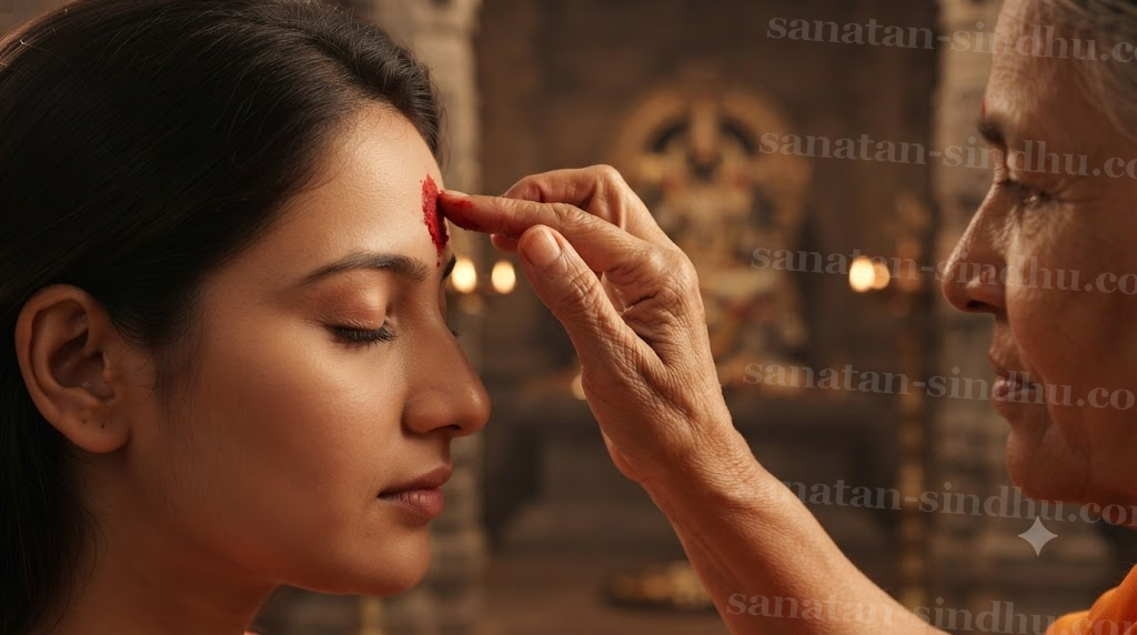 Close profile of a devotee's forehead as tilaka paste is applied with a fingertip, a softly blurred temple interior behind.