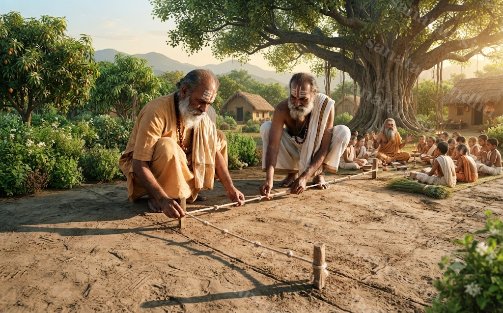 Two Vedic-era priests kneeling on levelled ground, stretching a knotted measuring cord between wooden pegs to lay out a right angle, sunlight raking across the marked earth, no modern tools visible.