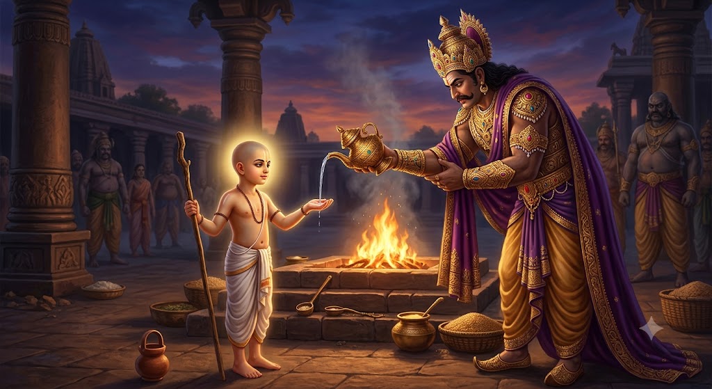 Vāmana, the dwarf-brāhmaṇa, receives the water of the vow from the Asura king Mahābali before the fire altar.