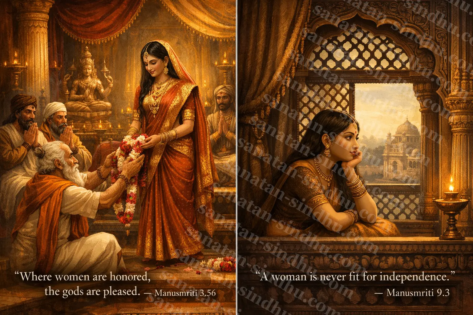 A two-panel image: on the left, a woman is garlanded and honoured by scholars in a temple court, captioned with Manusmṛti 3.56 on the reverence due to women; on the right, a richly dressed woman gazes out through a latticed palace window, captioned with Manusmṛti 9.3 on women never being fit for independence.
