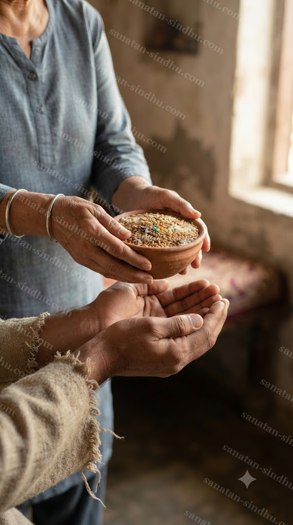 A pair of hands giving a small bowl of grain as charity to another pair of open hands, in soft natural light.