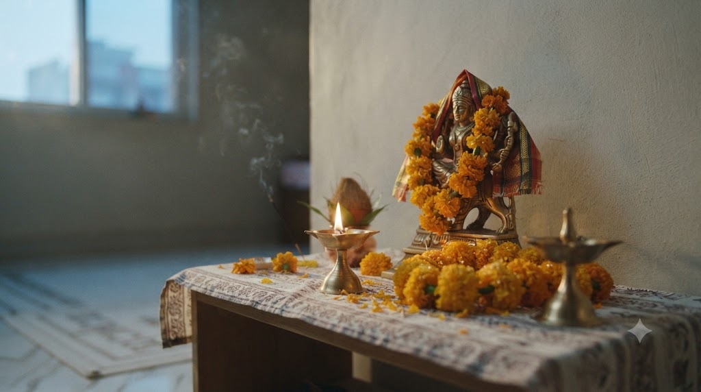 A single oil lamp burning before a simply adorned image of Durgā at the start of Navrātri, a fresh marigold garland and an unlit second lamp beside it, soft dawn light.