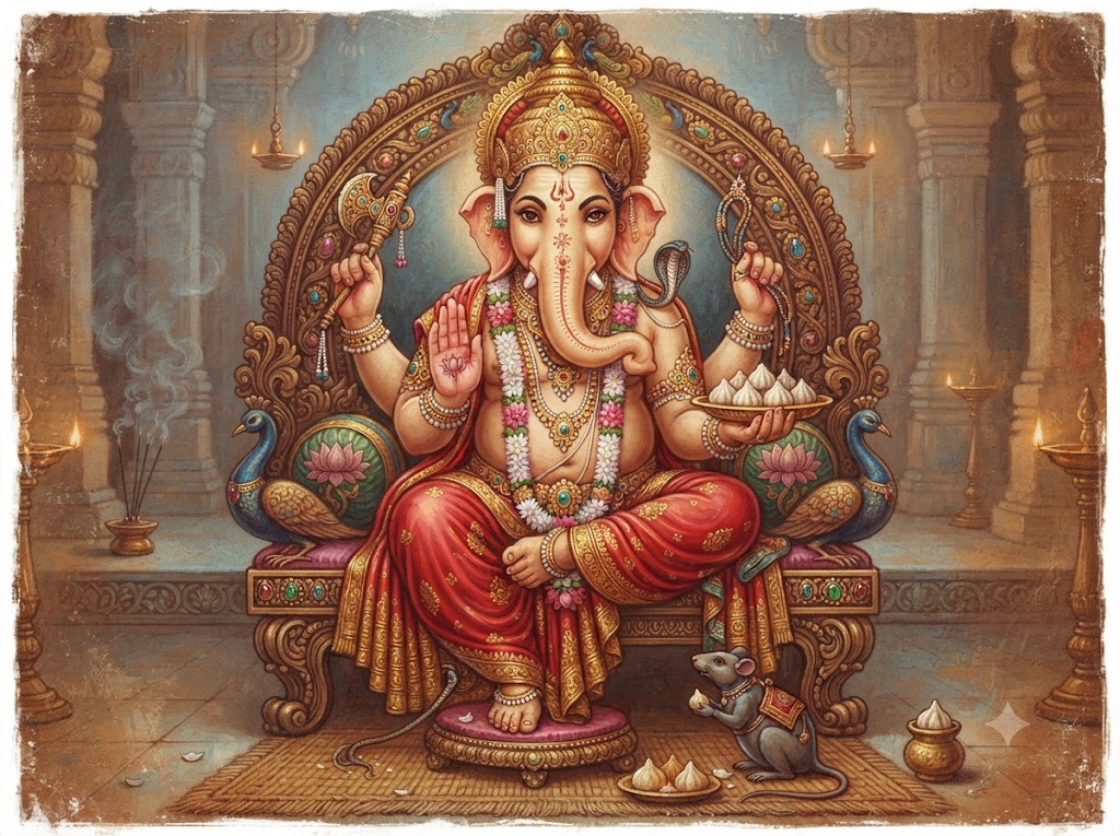 Gaṇeśa seated, elephant head with one intact and one broken tusk, four arms holding an aṅkuśa, pāśa, modaka, and a hand in abhaya mudrā, the mouse Mūṣika at his feet