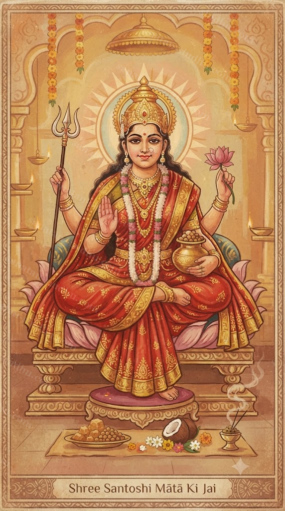 A devotional portrait of Santoshi Mātā in her familiar popular iconography — seated in red and gold, holding a small pot of jaggery and roasted chickpea, painted in the flat, warm style of mid-twentieth-century Indian calendar art.