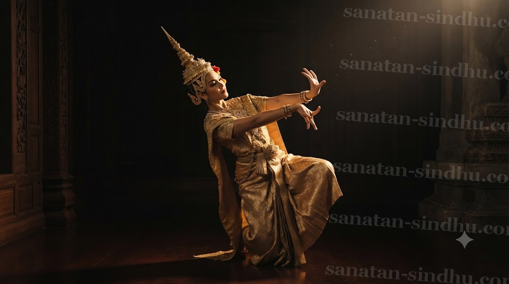 A Thai Khon dancer in gold-threaded silk holding a hyperextended posture, fingers and wrists bent far backward, one knee turned out, lit warmly against the dark of a royal stage, an Apsarā-like silhouette.