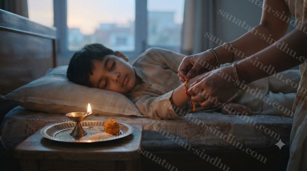 A mother's hands tying a red-and-yellow thread around her sleeping young son's wrist at dawn, a small brass diya and a few grains of rice on a plate beside the bed, soft early-morning light.