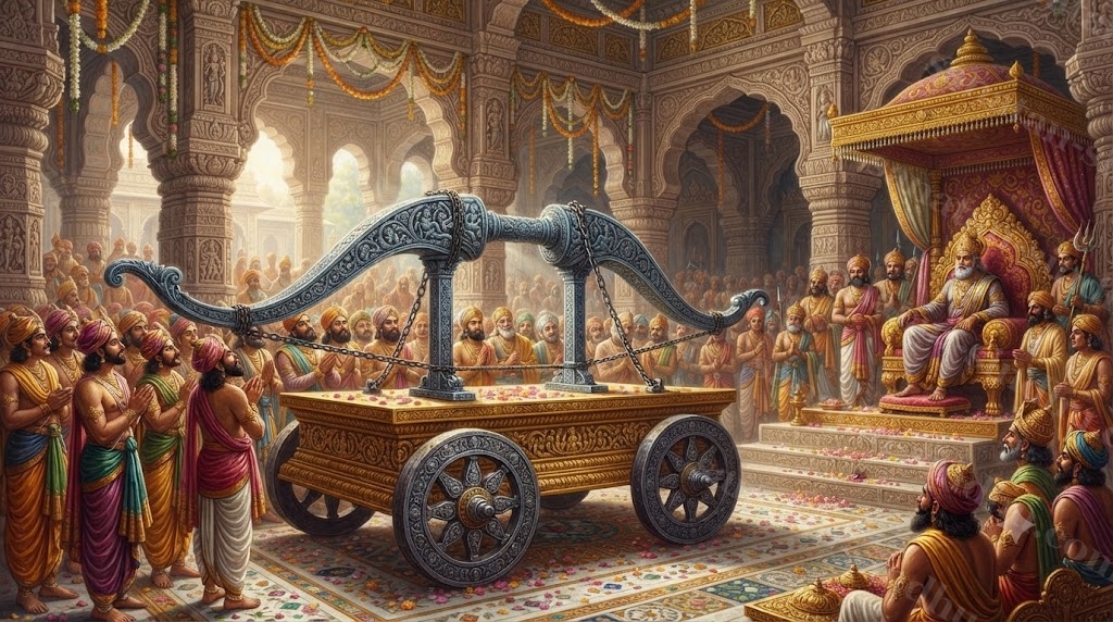 The great bow of Śiva resting in the assembly hall of Mithilā as princes gather to attempt it.