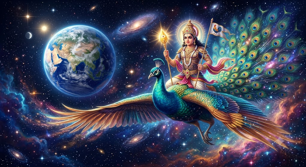 Kārttikeya riding his brilliant peacock vāhana through starry space past the blue earth, spear and rooster-banner in hand, racing around the world.