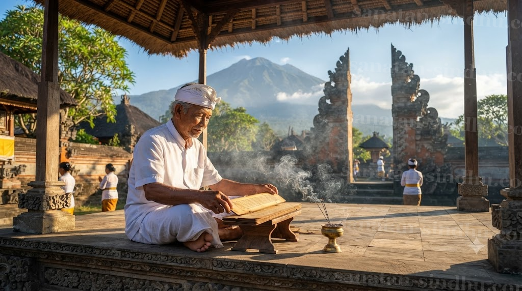 A Balinese priest unrolling an inscribed palm-leaf lontar manuscript in an open pavilion, incense smoke drifting, carved stone temple gates and a volcano ridge visible beyond — the Majapahit inheritance carried east and kept alive.