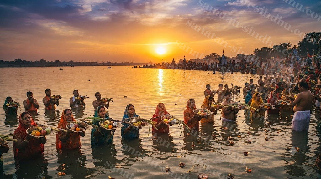 Devotees standing waist-deep in a calm river at sunset, small bamboo baskets of fruit and sugarcane held above the water, the setting sun low and golden.