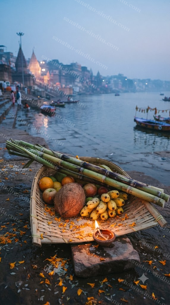 A shallow woven bamboo basket filled with sugarcane stalks, coconut, bananas and a small clay lamp, resting on a riverbank at dawn in soft early light.