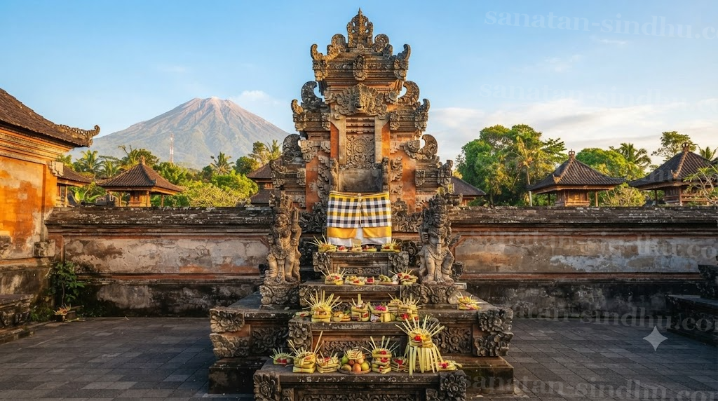 A Balinese Padmāsana shrine photographed head-on: a tall carved stone throne, richly ornamented, its seat deliberately empty, wrapped in yellow and white cloth, with Mount Agung rising in the distance behind the temple wall.