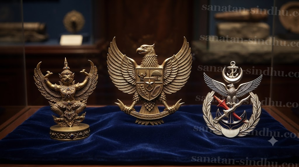 A composed still-life of modern survivals of Sanskrit heritage in Southeast Asia: the golden Garuḍa emblem of Indonesia, a Thai royal seal with the Krut eagle, and a Malay naval insignia, arranged on dark cloth in warm museum lighting.