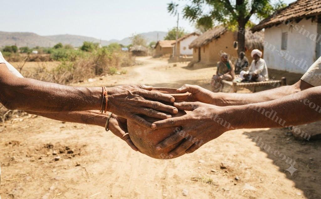 Two pairs of hands passing a clay water pot between them on a dusty village path at noon.