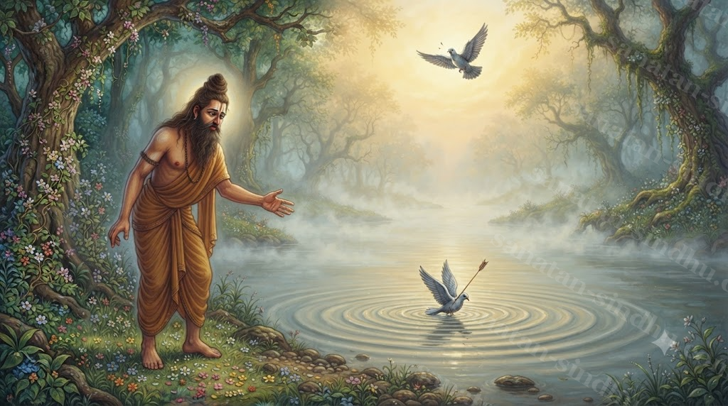 A hunter's arrow striking a bird beside a forest stream as the sage looks on in grief.