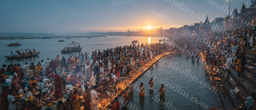 A large riverbank crowded with devotees at dawn, countless small clay lamps lit along the water's edge, the sun just breaking the horizon over the river.