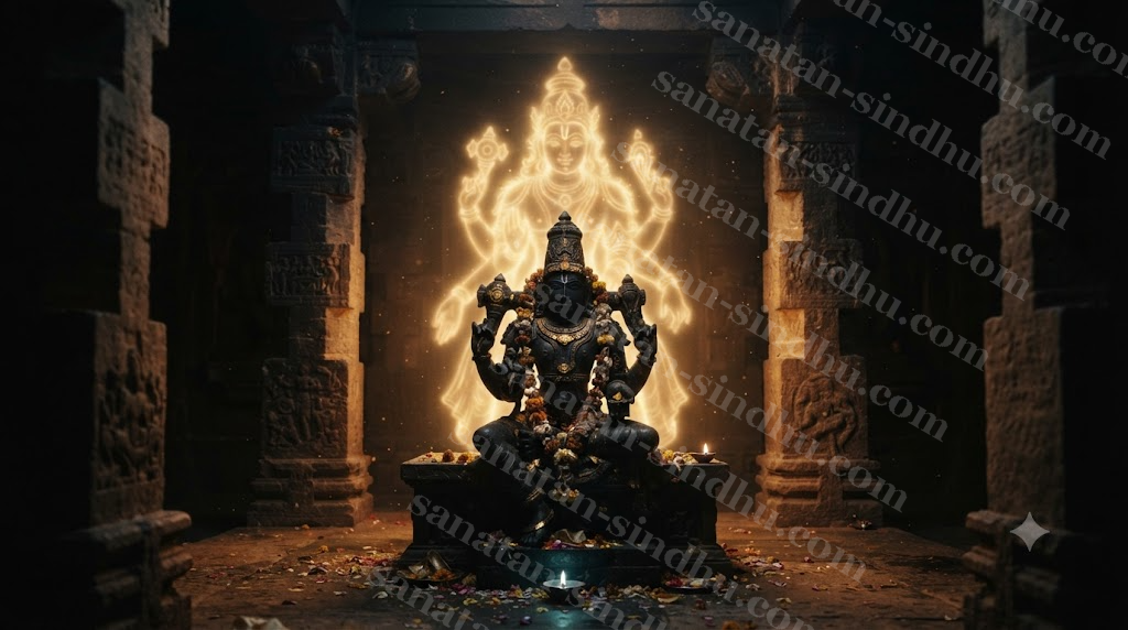 A radiant figure of soft golden light emerging from behind a seated Vishnu figure in dim stone surroundings, a warm divine glow against deep shadow.
