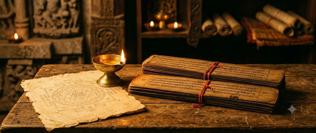 A panoramic hero of sacred knowledge: stacked palm-leaf manuscripts, a brass oil lamp, and a faint yantra line drawing on aged paper.