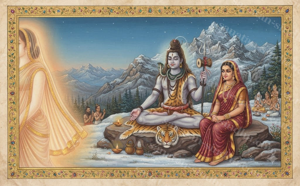 Śiva seated in meditation on Mount Kailāsa, eyes briefly open toward a luminous, half-turned feminine form at the edge of the frame, Pārvatī watching quietly from beside him; no explicit or suggestive detail, composed with restraint.