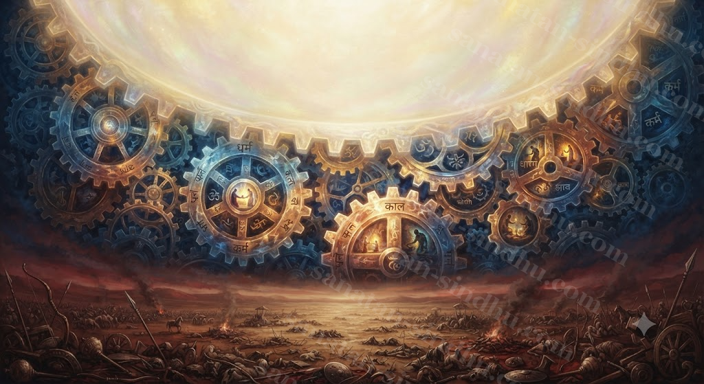 A vast layered composition: the Kurukṣetra field at the base, rising into glowing interlocking gears of karma and time, opening at the top into a still luminous realm.