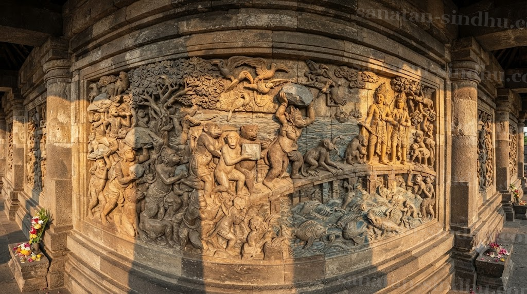 Detail of a Rāmāyaṇa bas-relief panel in the inner gallery of Prambanan: Rāma's army bridging the sea, carved with native Javanese macaques and rainforest birds, the figures dressed in ninth-century Javanese crowns and court cloth.