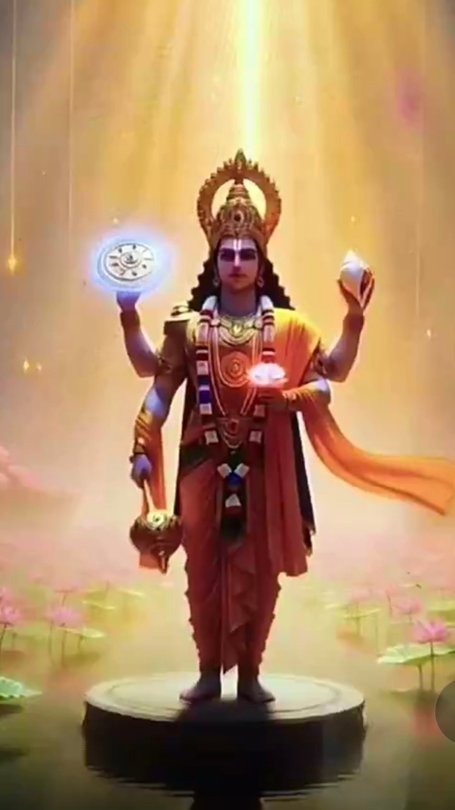 Viṣṇu standing serenely on a lotus, four arms holding the Sudarśana Cakra, conch, mace, and lotus, bathed in golden light