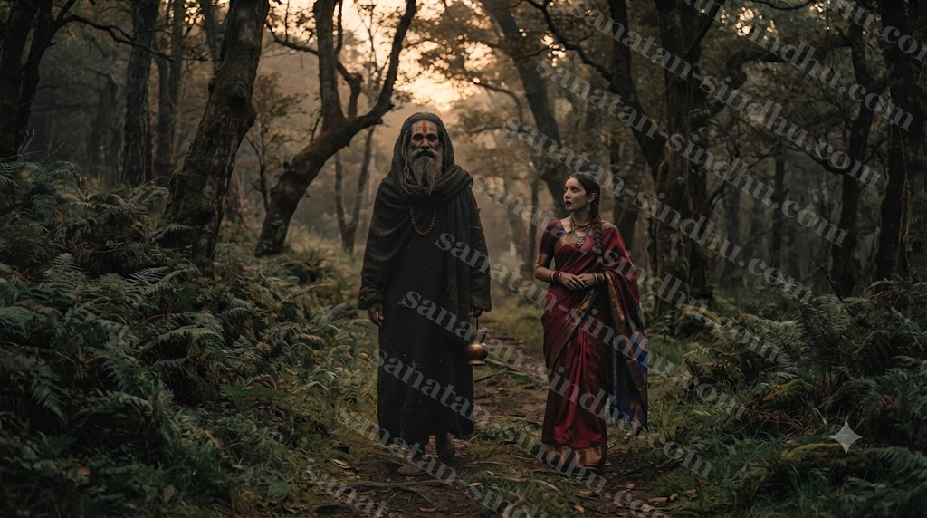 A woman in traditional dress walking behind a tall dark-robed figure along a forest path at dusk, mid-conversation, muted earthy tones.