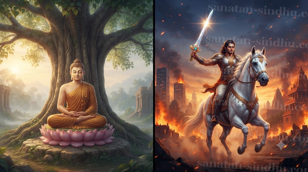 Diptych: on one side the Buddha seated under the Bodhi tree in dhyāna-mudrā at dawn; on the other side Kalki riding the white horse Devadatta with drawn jewel-hilted sword against a fiery future skyline.