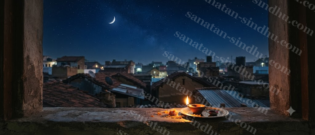 A crescent moon above a quiet village rooftop line, a single lit oil lamp on a windowsill in the foreground against a deep blue night sky.