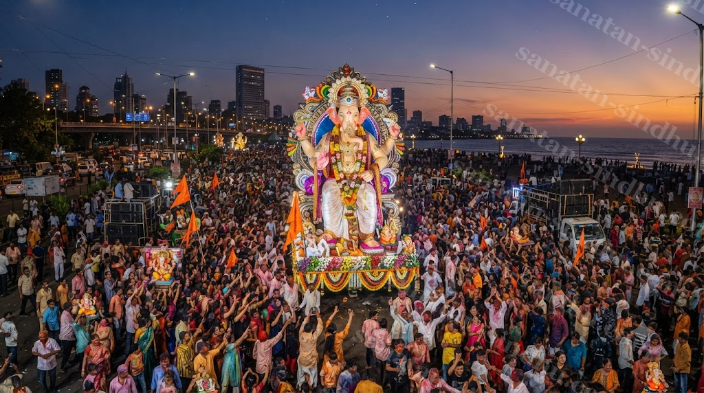 A wide photograph of a large public Gaṇeśa immersion procession — a towering decorated mūrti on a float, dense crowds, evening light, a celebratory public atmosphere at modern civic scale.