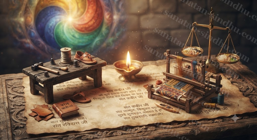 A cobbler's bench, a weaver's loom and a grain scale arranged around a lit oil lamp on warm parchment — the working trades of the Bhakti poet-saints.