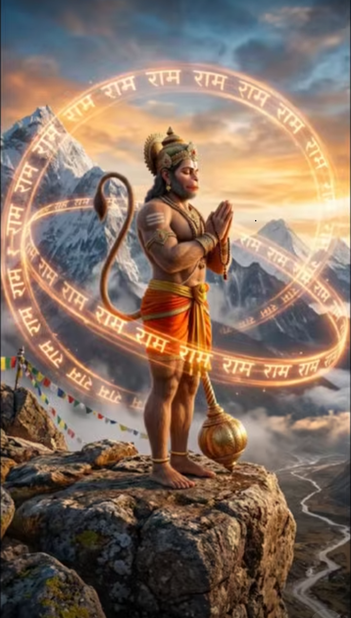 Hanumān in añjali mudrā within a swirling ring of the Rāma mantra
