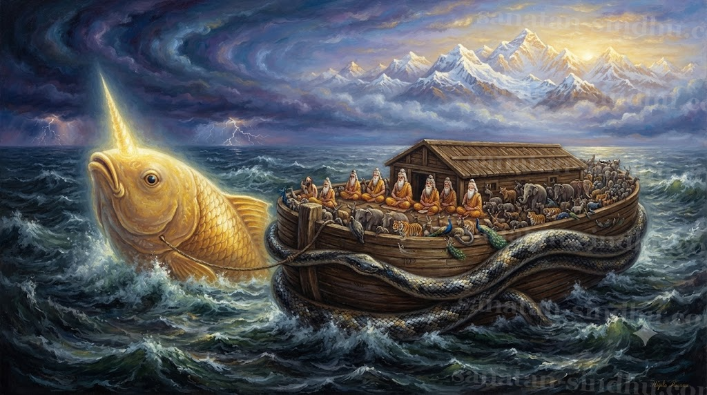 Cosmic dawn painting: a colossal golden fish with a single horn towing a wooden ark bound by the serpent Vāsuki across a stormy ocean; seven sages and rows of animals crowd the deck; distant Himalayan peaks rise on the horizon.