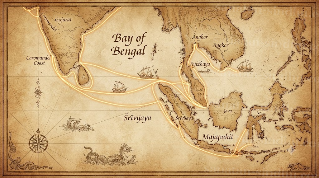 An aged parchment-style map of the Bay of Bengal and the Indonesian archipelago, with luminous saffron sea-routes traced from the Coromandel and Gujarat coasts eastward to Sumatra, Java, the Mekong delta and the Chao Phraya, small sailing ships drawn along the lines and the kingdoms of Śrīvijaya, Majapahit, Angkor and Ayutthaya labelled.