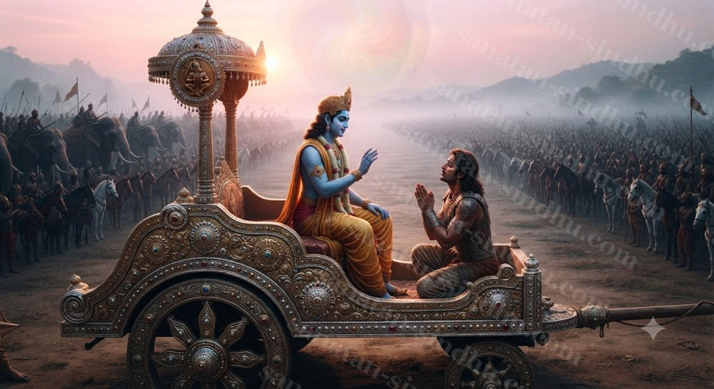 Kṛṣṇa as charioteer turning to speak to Arjuna between the two armies at Kurukṣetra, dawn light on the chariot.