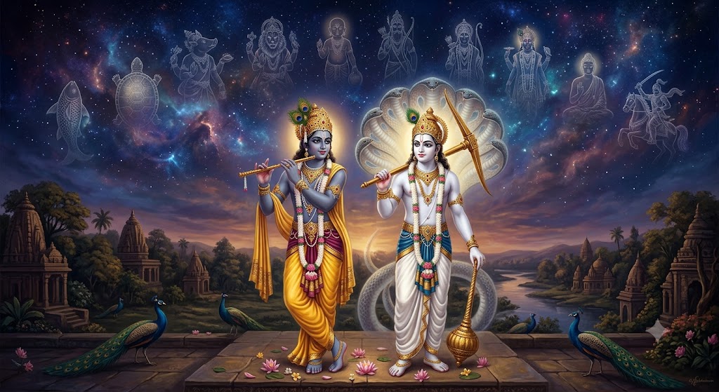Cinematic devotional painting: Kṛṣṇa (dark blue, with flute) and Balarāma (fair, with plough) standing side by side under a cosmic sky filled with the faint outlines of the ten avatāras; a subtle thousand-hooded serpent halo behind Balarāma.