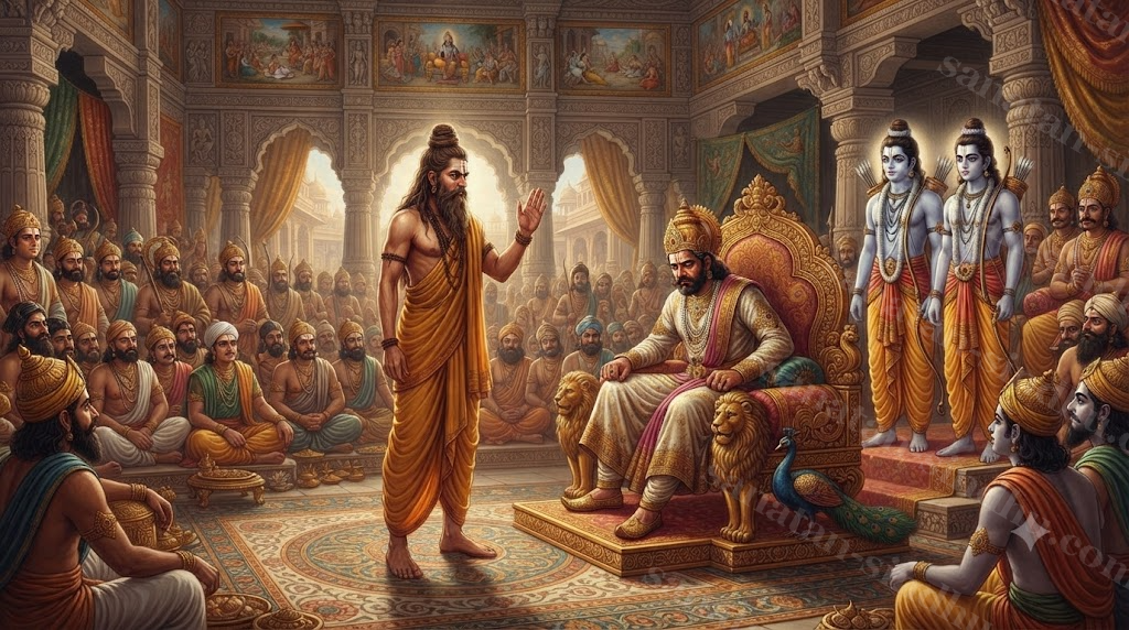 The sage Viśvāmitra standing before the royal court of Ayodhyā, asking for the young princes.