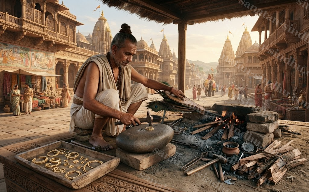 A Bronze Age Vedic smith crouched at an open forge, bellows made from bird feathers in one hand, a stone anvil before him, seasoned wood fuelling low flames, gold ornaments waiting nearby — earthy, documentary lighting, no fantasy elements.