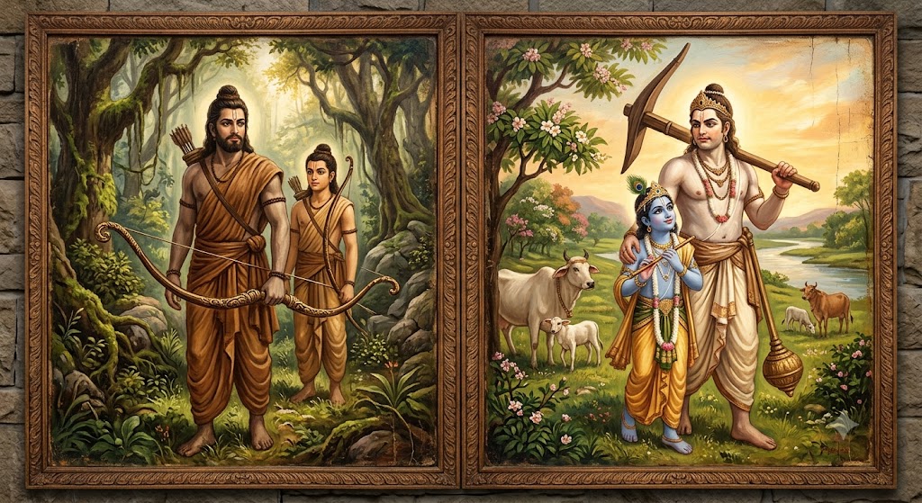 Diptych painting: on the left, elder Rāma with younger Lakṣmaṇa in forest exile, bow in hand; on the right, elder Balarāma with plough and mace protectively guiding a younger blue-skinned Kṛṣṇa with flute in Vṛndāvana.